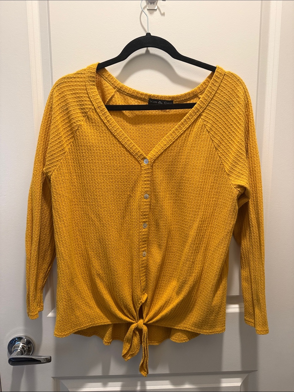 Kim & Cami Mustard Waffle-Knit Tie-Front Top